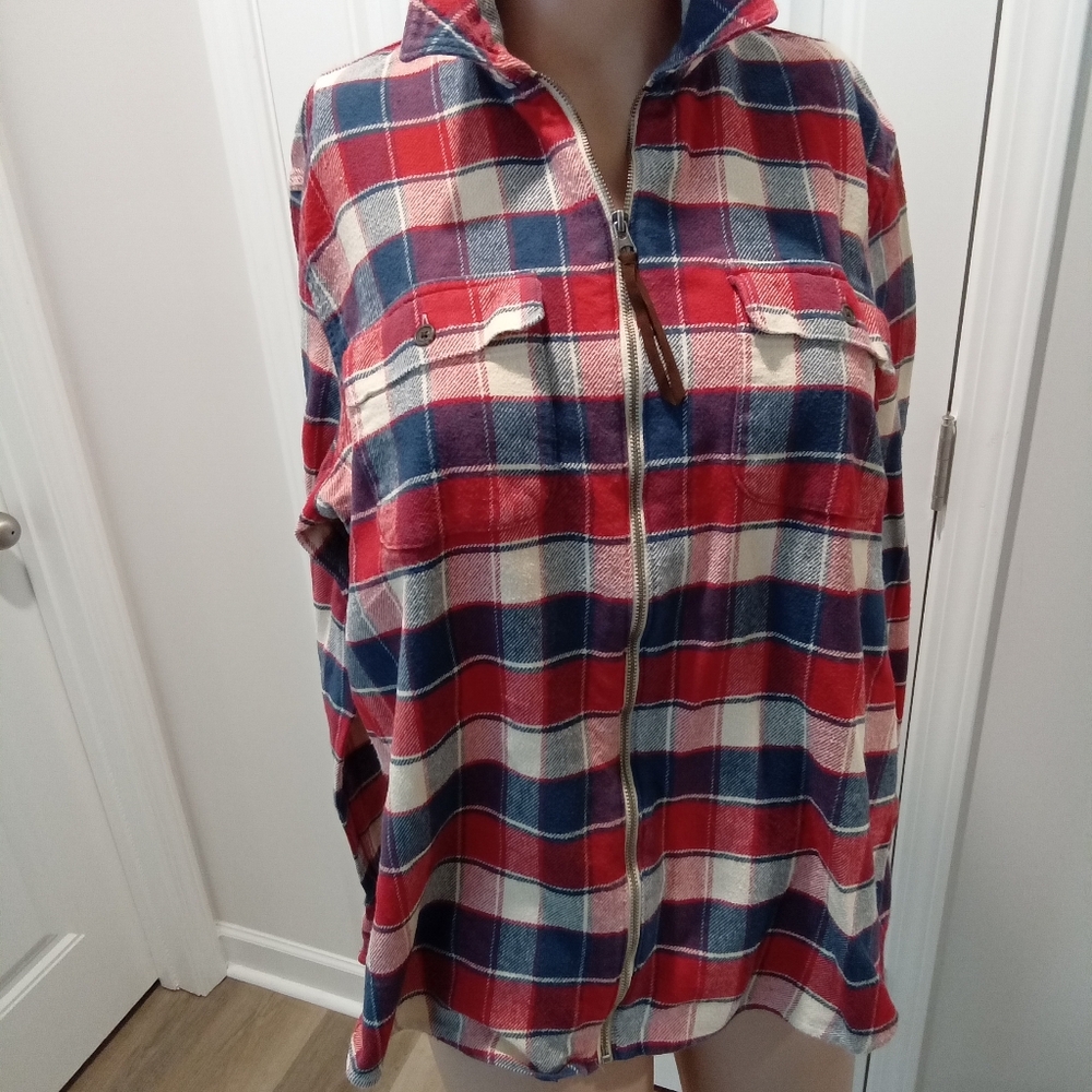 Chaps Denim Size L. Red, White and Blue Plaid Zip-Up Flannel Jacket